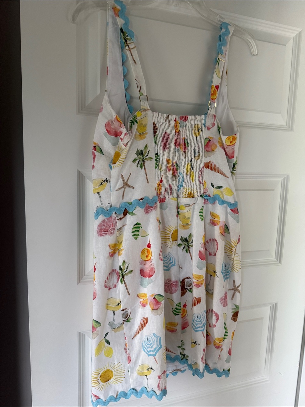 Show Me Your MuMu White Mini Dress with Blue Ricrac and Multicolor Beach Print - Picture 3 of 3